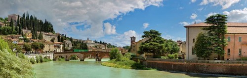 River Adige with Castel San Pietro and the stone bridge Ponte Pietra