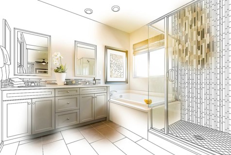 Custom master bathroom design drawing with brush stroke revealing finished photo