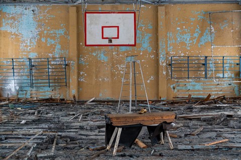 Former sports hall in the abandoned mining city Kadykchan