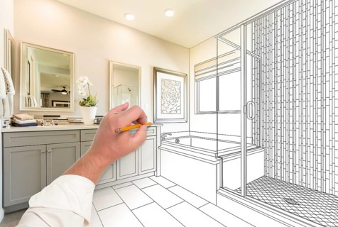 Hand drawing custom master bathroom with cross section of finished photograph