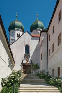 Entrance with staircase and onion domes