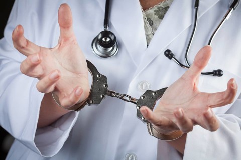 Female doctor or nurse in handcuffs wearing lab coat and stethoscope