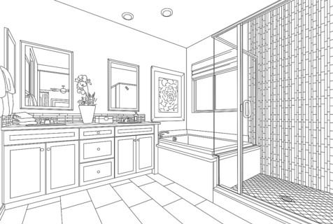 Detailed drawing of A custom master bathroom on white