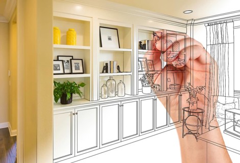 Hand drawing home built-in shelves and cabinets with photo cross section showing