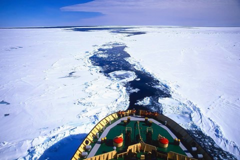 Russian Icebreaker Kapitan Khlebnikov making its way in the frozen sea near Atka Iceport or Atka Bay