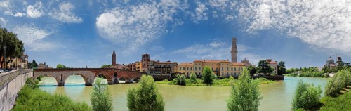 River Adige with city view and the stone bridge Ponte Pietra