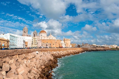 View of the dome and spires of Cadiz Cathedral