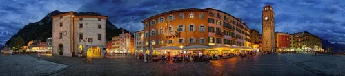 360 panorama of Piazza Novembre with Torre Apponale in the evening