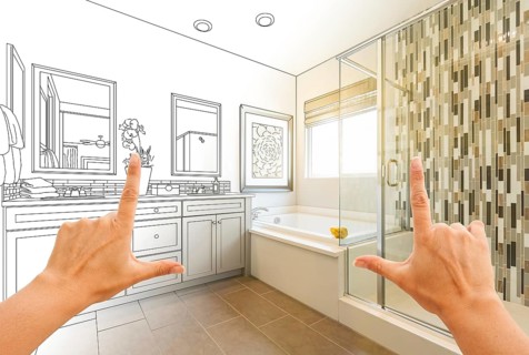Hands framing custom master bathroom drawing and photo gradation