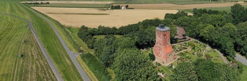 Panorama aerial view with the Ochsenturm as a remnant of the former medieval church