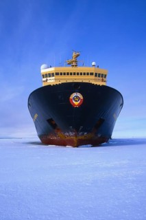 Russian Icebreaker Kapitan Khlebnikov parked in the frozen sea at Atka Iceport or Atka Bay