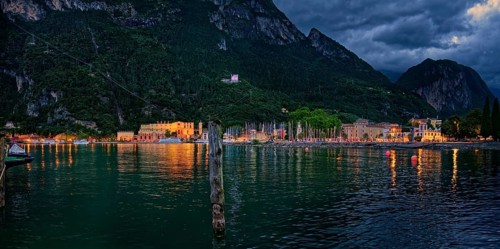 Colorfully lit harbor in the evening