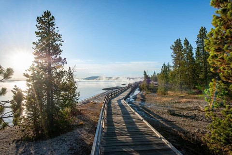Boardwalk on the shore of the West Thumb of Yellowstone Lake