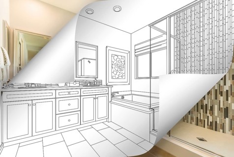 Master bathroom drawing page corners flipping with photo behind