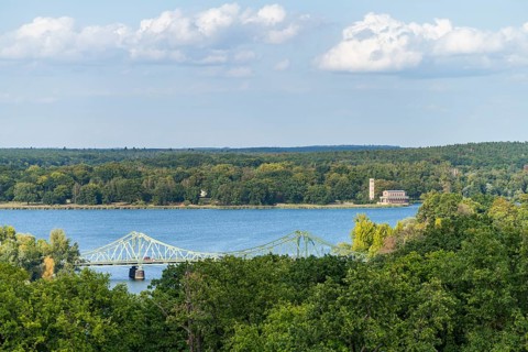 View from Flatow Tower to Glienicke Bridge and Heiland Church Sacrow