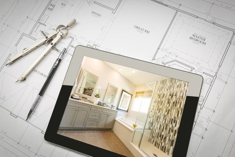 Computer tablet with master bathroom design over house plans