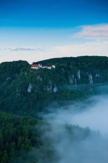 View from Eichfelsen to Wildenstein Castle with morning fog