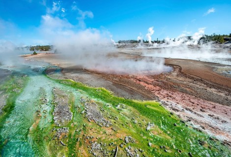 Red mineral deposits and green algae at a thermal spring