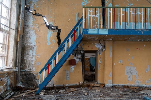 Former sports hall in the abandoned mining city Kadykchan