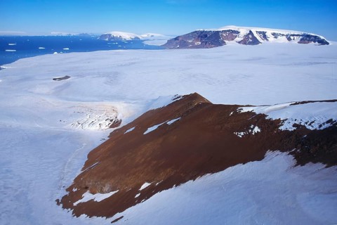 Aerial view over Brown Bluff in the Antarctic Sound