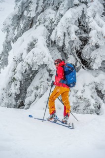 Young woman on ski tour in snowfall