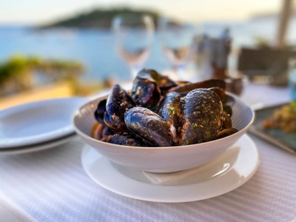 Mytilus (Mytilus) with tomato sauce and garlic in the evening sun by the sea