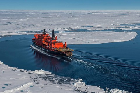 Aerial of the Icebreaker '50 years of victory' on its way to the North Pole