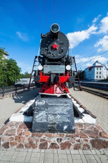 Historic steam train at the Railway station in Murmansk