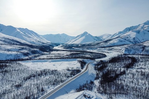 Aerial of the snow covered Suntar-Khayata mountain Range