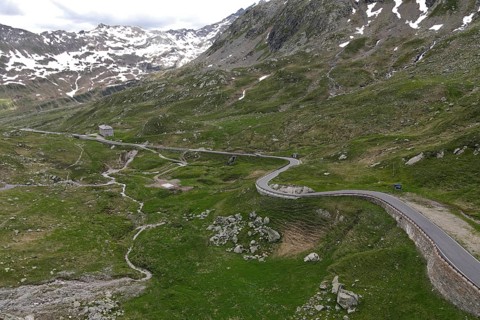 Aerial view of the south side of the Spluegen Pass in the direction of Montespluga