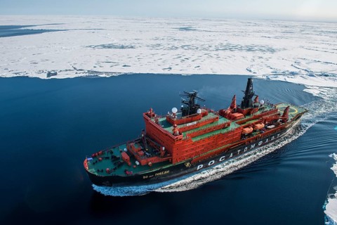 Aerial of the Icebreaker '50 years of victory' on its way to the North Pole