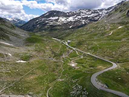Aerial view of the south side of the Spluegen Pass in the direction of Montespluga
