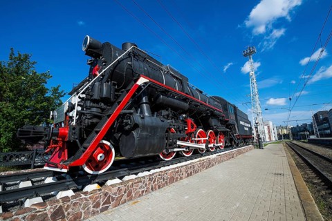 Historic steam train at the Railway station in Murmansk