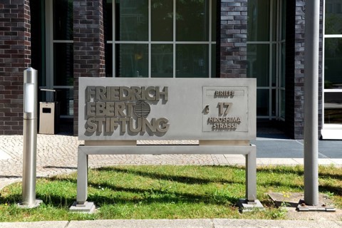 Sign and mailbox with address of the Friedrich Ebert Foundation