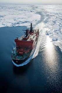 Aerial of the Icebreaker '50 years of victory' on its way to the North Pole