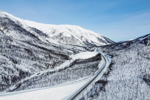 Aerial of the snow covered Suntar-Khayata mountain Range