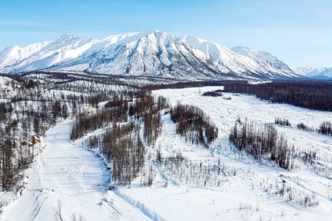 Aerial of the snow covered Suntar-Khayata mountain Range