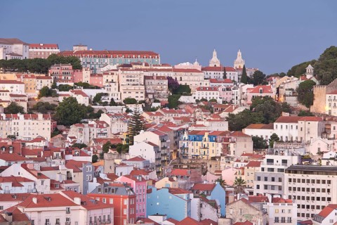 View from Miradouro de Sao Pedro de Alcantara over Lisbon with Igreja de Sao Vicente de Fora