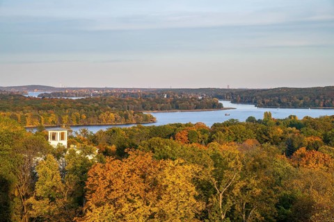 View from the Belvedere on the Pfingstberg to the lakes of the Havel and the skyline of Berlin in autumn