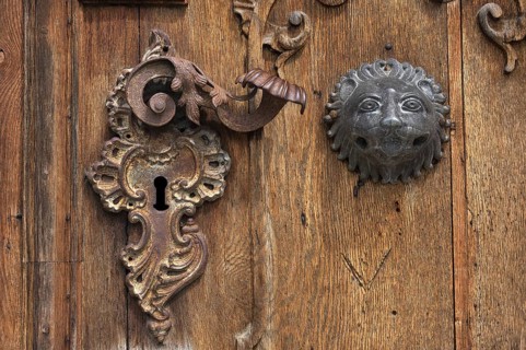 Entrance gate with door handle and lock