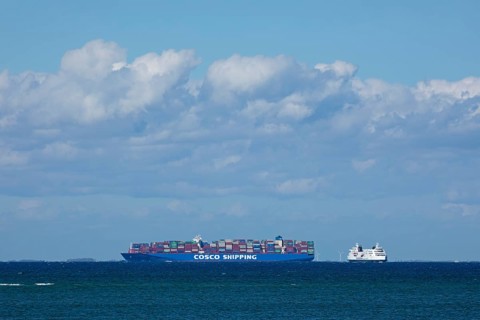 Container ship and ferry off Puttgarden