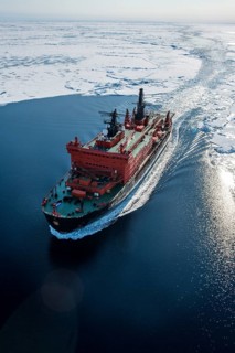 Aerial of the Icebreaker '50 years of victory' on its way to the North Pole