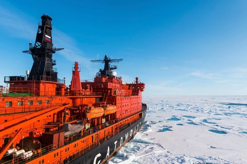 Aerial of the Icebreaker '50 years of victory' on the North Pole
