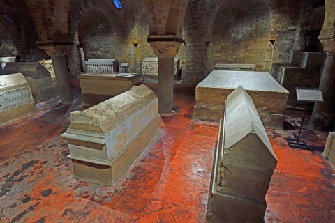 Historic coffins in the crypt of Palermo Cathedral
