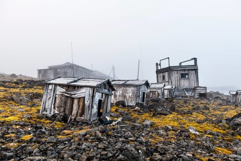 Polar huskies boxes in the historical meteorological station Sedov in Tikhaya bay on Hooker island