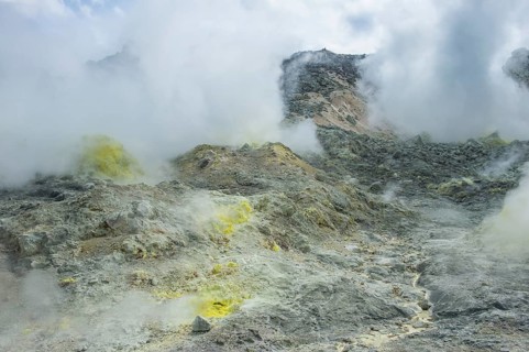 Sulphur pieces on Iozan (sulfur mountain) active volcano area