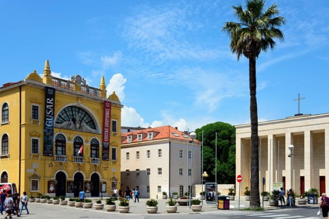 Croatian National Theatre and Church Gospa od Zdravlja on Gaje Bulat Square
