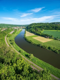 View from the Weser-Skywalk on the river Weser towards Bad Karlshafen