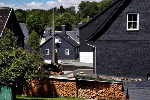 Town view with slate-roofed houses