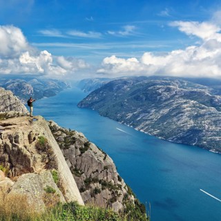 View from Preikestolen to Lysefjord and mountains
